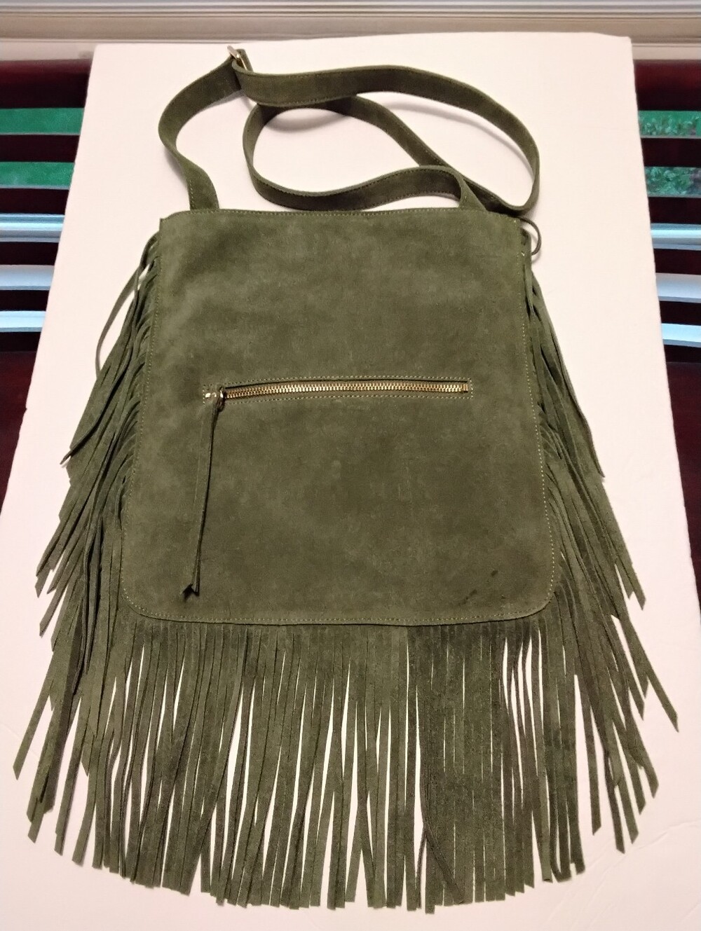 Sorial Olive Green Suede Fringe Crossbody Shoulder Bag - Picture 3 of 7